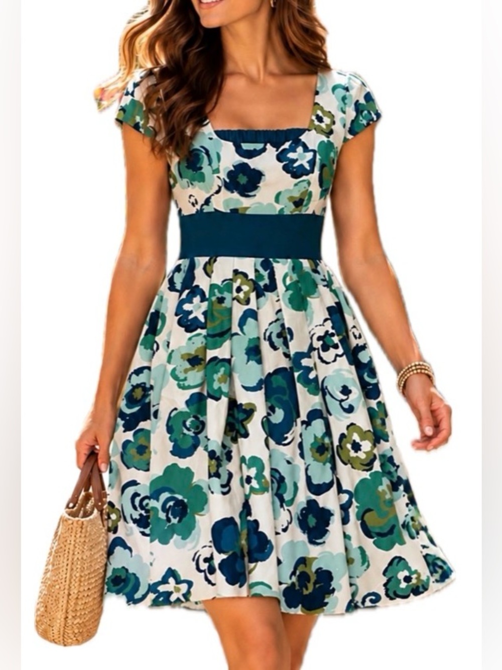 Jillian Jones Cotton Floral Blue/Green/White Cap Sleeve Dress. Women’s Size 8